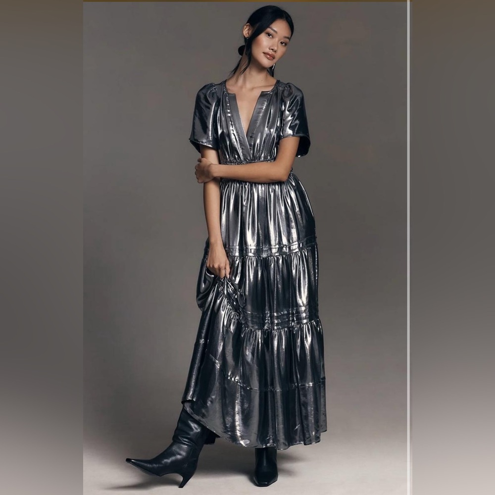ANTHROPOLOGIE Somerset Metallic Silver Tiered Dress NWT
